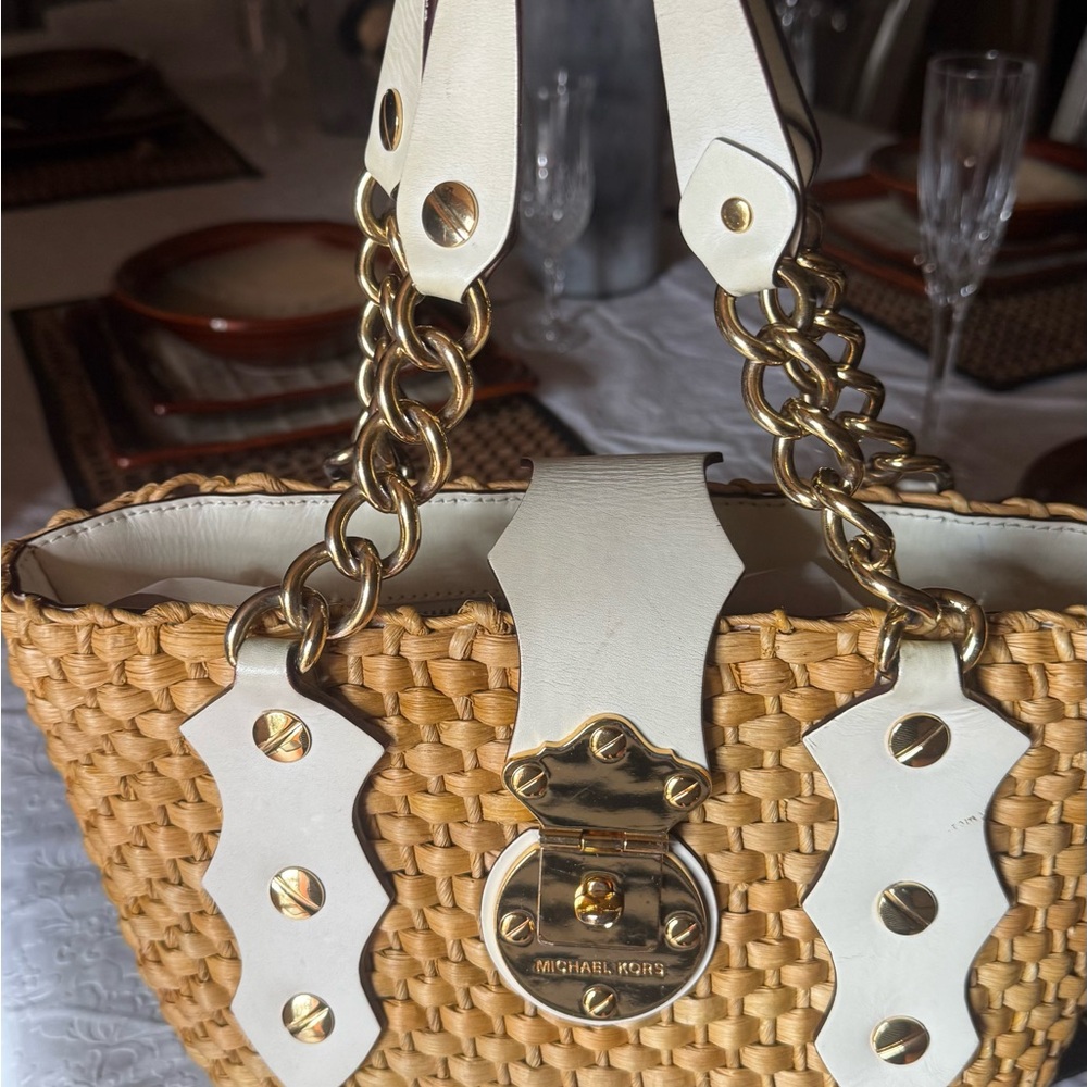 Michael Kors Beige and White Woven Tote Bag